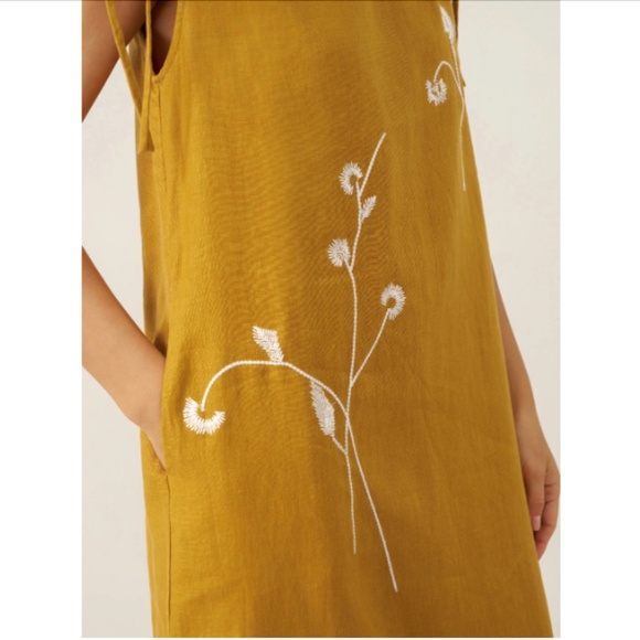 100% Linen Smocked Shoulder Embroidered Maxi Dress BELINE - Picture 8 of 11